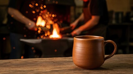 Handcrafted Clay Mug with Blacksmith in Workshop Background: Rustic Artisan Pottery and Craftsmanship