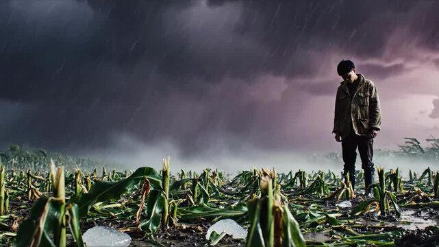 Sad lonely asian farmer standing in destroyed corn field during heavy rain with lightning and ice hail under dramatic dark sky. Post-apocalyptic oppressive atmosphere