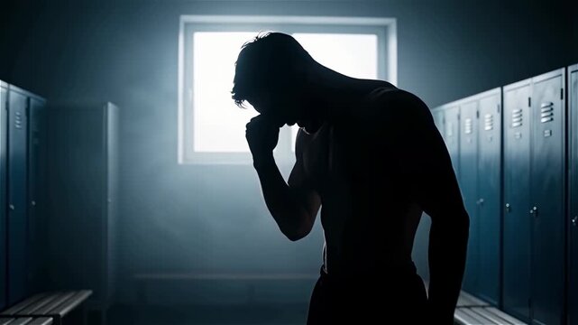 Dramatic silhouette of a fit man standing in a locker room with cinematic backlight, symbolizing strength, discipline, mental resilience, fitness motivation, and personal transformation.