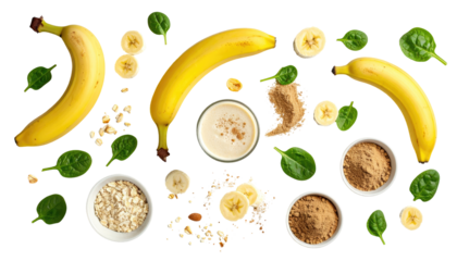 Overhead composition of fresh bananas, spinach, oats, nuts, and a blended smoothie surrounded by ingredients