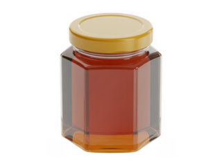Honey in a hexagonal glass jar with a yellow lid isolated on a transparent background