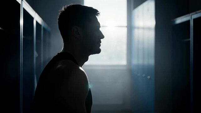 Dramatic silhouette of a fit man standing in a locker room with cinematic backlight, symbolizing strength, discipline, mental resilience, fitness motivation, and personal transformation.