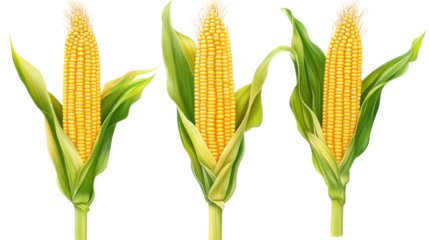 Three Sets of Corn Stalks with Ears of Corn Detailed Leaves on Transparent Background