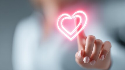 Womans hand touching glowing heart