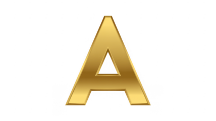 Matte gold letter A with smooth surface isolated on a transparent background