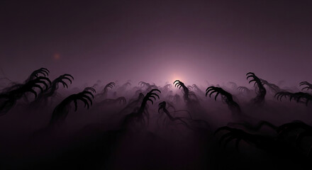 Numerous shadowy hands emerge from purple fog, reaching upwards towards a faint light, creating a mysterious and eerie atmosphere, ideal for horror or fantasy themes