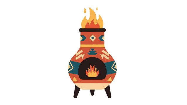 An illustrated chiminea, with tribal patterns. Flames emerge from the top and the firebox within.  The artwork has a rough, textured finish