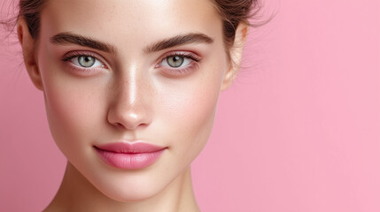 Fototapeta premium Close up portrait of beautiful youthful face with flawless skin, green eyes, full lips, and well groomed eyebrows against soft pink background, radiating natural beauty and confidence