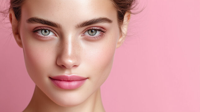 Close up portrait of beautiful youthful face with flawless skin, green eyes, full lips, and well groomed eyebrows against soft pink background, radiating natural beauty and confidence