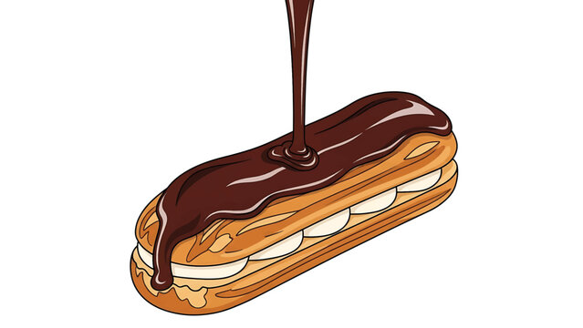An illustrated pastry featuring a golden-brown shell, filled with cream, and drizzled with glossy, dark chocolate. A classic dessert image