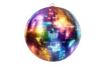 Disco ball illuminating a vibrant party atmosphere, reflecting colorful lights, symbol of celebration and nightlife fun