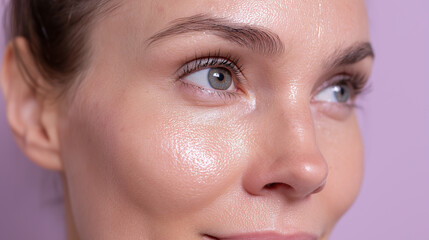 Fototapeta premium Glowing skin close up with dew like shine on forehead and cheeks, highlighting natural glass skin texture and healthy complexion in soft lighting