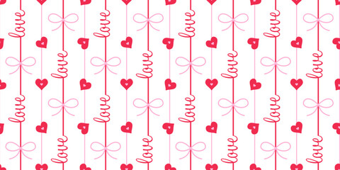 Red love text with striped ribbons, hearts and cute bows seamless pattern for Valentines day romantic concept design