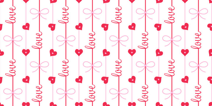Red love text with striped ribbons, hearts and cute bows seamless pattern for Valentines day romantic concept design