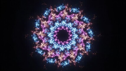 Mesmerizing abstract glowing fractal mandala pattern pulsating with vibrant blue purple pink and golden light against a dark background creating a hypnotic and spiritual visual experience perfect for. - Powered by Adobe