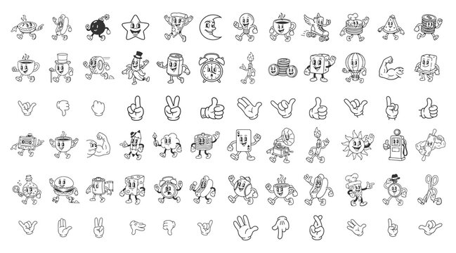 Retro Cartoon Characters Mega Set, Mascot Collection, Comic Book Style Food, Objects, and Hand Gestures, Black and White Vector Illustration.