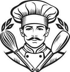 Retro woodcut vector illustration of a cartoon woman baker face with a chef hat holding a knife and fork