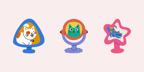 Cute cats looking in mirrors. Funny cartoon illustration set.