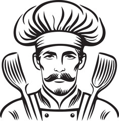 Vector illustration of a cartoon chef character wearing a white hat and uniform holding a fork and knife for a restaurant kitchen design icon or cooking profession symbol
