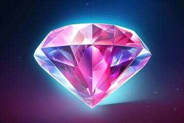 Pink faceted diamond gem brilliantly glowing with sparkling light on a dark background