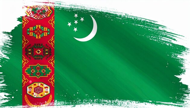 Artistic Turkmenistan Flag with Green Paint Brush Stroke and Intricate Carpet Patterns