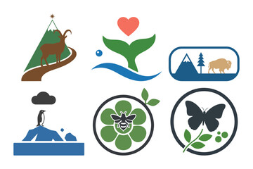 Set of six wildlife conservation and nature logo icons including goat whale bison penguin bee and butterfly