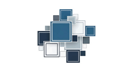 An artistic composition featuring an arrangement of squares. Various sizes and shades of blue-gray are arranged on a white background. Squares appear to overlap