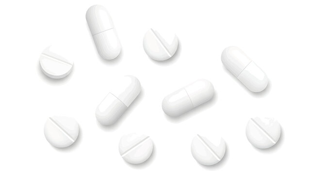 An arrangement of scattered tablets and capsules, rendered in a bright white palette, float against a white backdrop