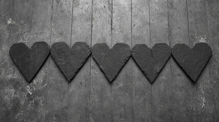 Five black metal heart plates align on rustic wooden floor, creating moody and industrial romantic atmosphere with sense of unity and strength