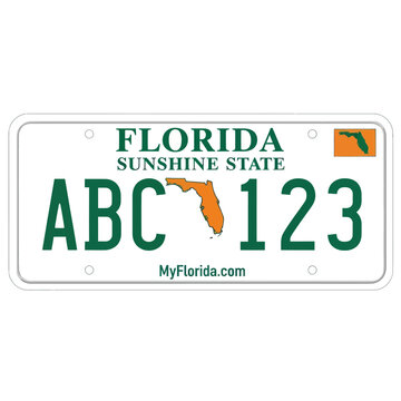 Florida Sunshine State License Plate with Green Lettering and Orange Florida Outline.