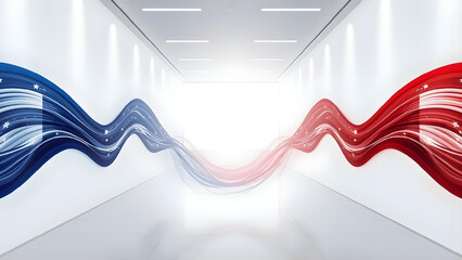 Vibrant blue and red wavy lines dance through a sleek white corridor with a bright light at the end