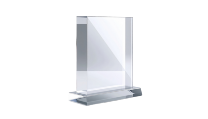 A 3D render of a clear glass rectangular award trophy with a rectangular base set against a black background