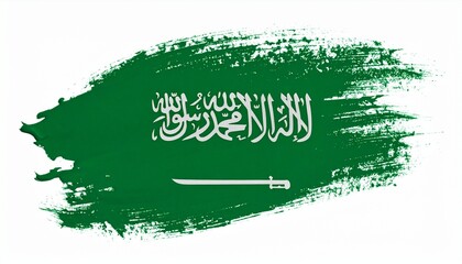 Artistic Saudi Arabia Flag with Green Paint Brush Strokes, White Shahada Calligraphy and Sword