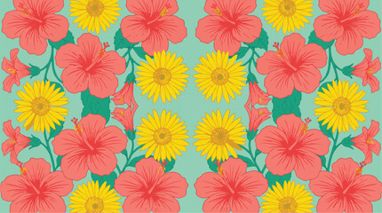 Vibrant Hibiscus and Daisy Flower Seamless Background, Bold Botanical Pattern for Wrapping Paper and Apparel, Hand-Drawn Tropical Nature Illustration Texture
