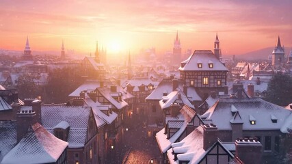 Winter sunrise over snowcovered rooftops in charming historic town