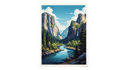 Yosemite Valley Landscape Illustration with River and Mountains