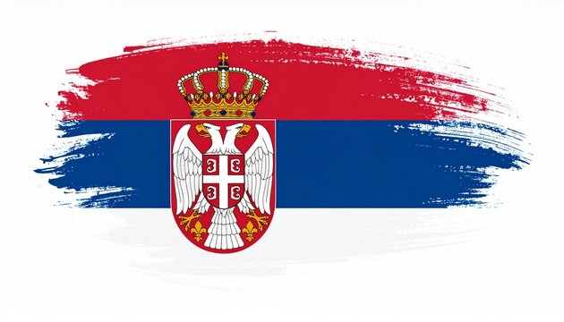 Artistic Serbia Flag with Red Blue and White Paint Brush Strokes and Royal Coat of Arms