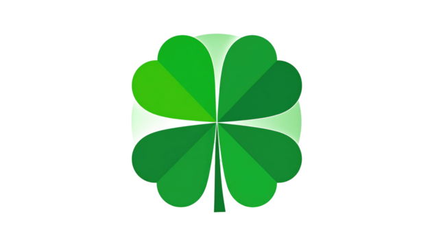 A vibrant, four-leaf clover is centered against a stark black background. It displays a gradient of greens, from light to dark - Powered by Adobe