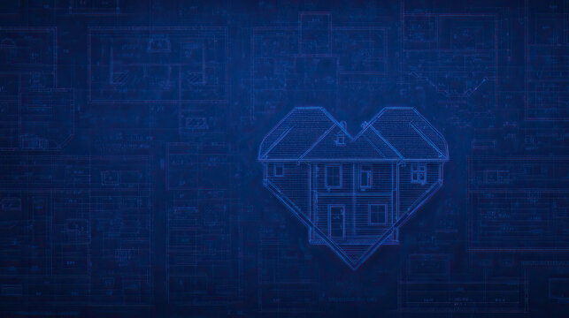 Heart shaped house blueprint architectural drawing blue background residential building creative design home construction technical plan modern style emotional concept