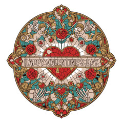 Fototapeta premium Ornate Stained Glass artwork celebrating Valentine's Day, depicting cherubs, roses, and hearts in a vintage, intricate design.