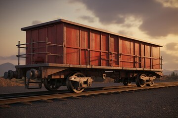 Obraz premium Old railway wagon transporting goods along tracks as sun sets