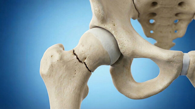 3D medical illustration of femoral neck fracture showing damaged hip joint anatomy with pelvis and femur bones for orthopedic diagnosis, trauma education, and healthcare use