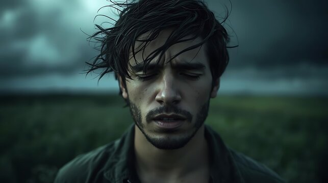 Painful energy in the breeze young man closing eyes in cold wind carrying silent sorrow emotional tension moody nature portrait