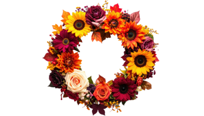 A vibrant floral wreath featuring sunflowers, roses, and fall foliage in shades of red, orange, and yellow