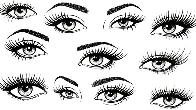 Collection of detailed eye illustrations with long eyelashes and defined eyebrows
