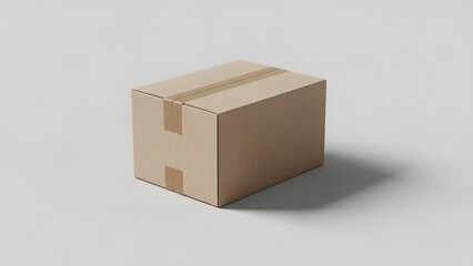 Fototapeta premium A high-quality image of a simple cardboard box on a plain grey background. The box is made of brown cardboard and has a subtle shadow cast to the right. The image is perfect for use in commercial and 
