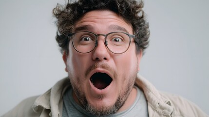 Man with glasses and a beard is making a surprised face