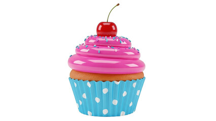 Delightful pink frosted cupcake with cherry topping isolated on transparent background