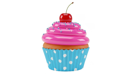 Delightful pink frosted cupcake with cherry topping isolated on transparent background