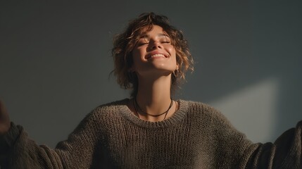 Fototapeta premium Woman with curly hair is smiling and wearing a necklace